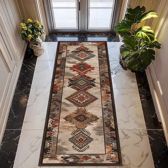 Southwestern Tribal Runner Rug: Geometric Diamond Pattern, Rustic Beige Brown Red , Corridor Hallway Decor