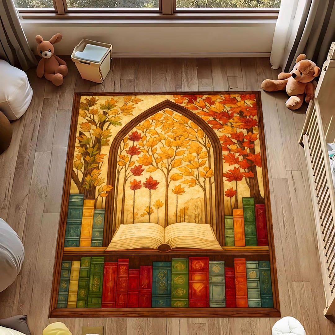 Autumn Library Rug: Cozy Reading Book Design, Warm Fall Leaves Pattern ...