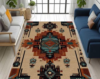 Southwestern Tribal Rug: Geometric Native Design, Beige Terracotta Teal Pattern, Boho Western Decor