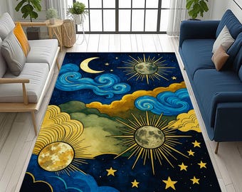 天体円形ラグ 夜空 – 深い青と金の月と星 – 宇宙占星術にインスパイア