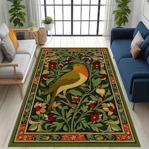 bird floral rug,botanical bird rug,william morris rug,bird rug,ornate floral rug,nature rug,morris rug,colorful rug,botanical rug,animal rug