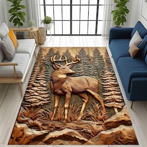 May include: A rectangular area rug featuring a detailed relief of a deer in a forest setting. The rug has a brown and green color palette, with the deer and trees rendered in shades of brown. The design creates a 3D effect.