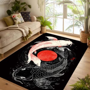 koi fish rug,yin yang rug,japanese rug,oriental rug,red sun rug,asian rug,zen rug,spiritual rug,balance rug,black white rug,water rug