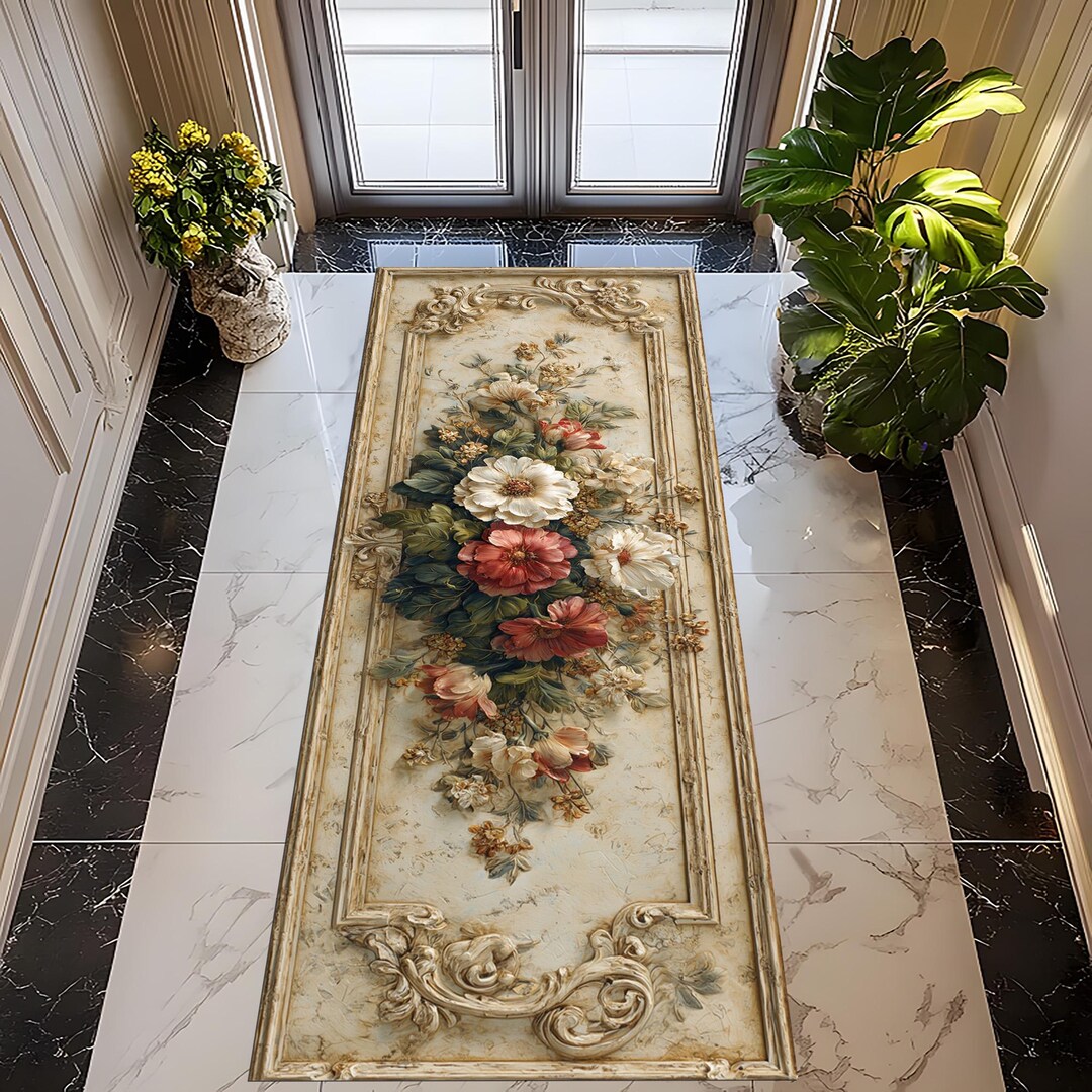 Carpet Rococo Red Floral Baroque Runner Rug: Ivory Red Botanical Carpet, Vintage Flower ...