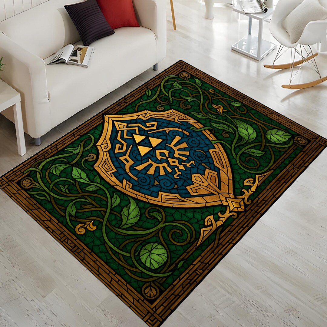 Zelda Hylian Shield Rug: Gold Blue Triforce Design, Ornate Leaf Border ...
