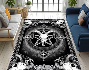 gothic skull rug,ram skull rug,occult gothic rug,dark pentagram rug,black white gothic rug,ornate skull art rug,alternative decor rug