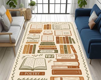 Book Lover Rug: Cozy Library Bookshelf Design, Story Pages Theme, Reading Nook Home Decor