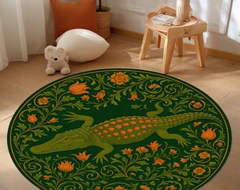 Tapis rond à fleurs en crocodile : jungle botanique d'alligators mystiques, cercle de reptiles ornementaux, tapis de nature exotique