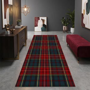 May include: A rectangular area rug featuring a traditional tartan plaid pattern in deep red, dark teal, and thin yellow lines. The rug is positioned centrally on a concrete floor, extending from the foreground toward the back of the room.