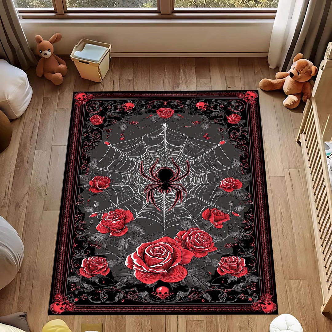 Gothic Spider Web Rug: Red Rose Skull , Black Widow Dark Halloween ...