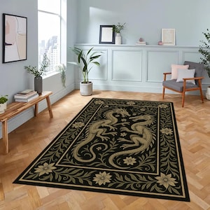 gothic dragon rug,medieval dragon rug,fantasy dragon rug,floral dragon rug,dark fantasy rug,ornate dragon rug,mythical creature rug