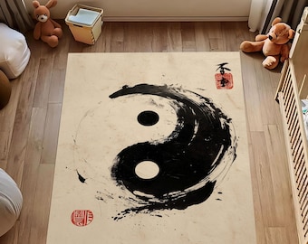 Yin Yang Rug: Zen Brushstroke Design, Minimal Japanese Art Style, Spiritual Harmony Home Decor