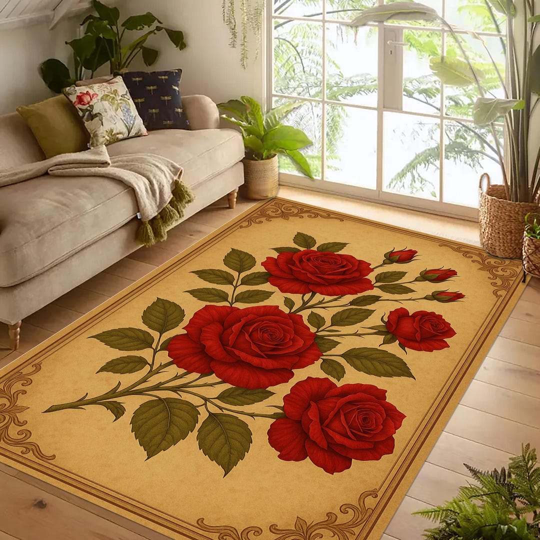 Vintage Red Rose Rug: Elegant Antique Floral, Ornate Classic Romantic ...
