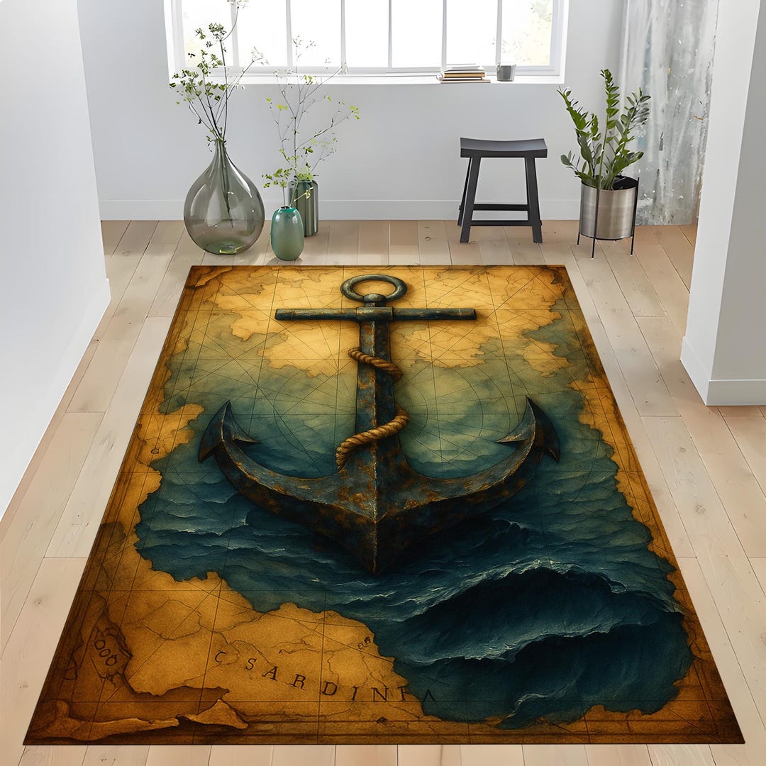 Nautical Anchor Rug: Antique Map Carpet, Blue Gold Maritime Design ...