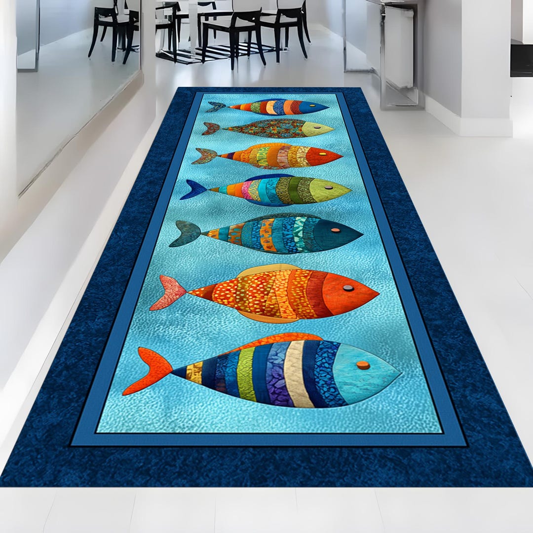 Aquatic Rug Colorful Fish Runner Rug: Playful Ocean, Striped Tropical Sea , Aquatic ...