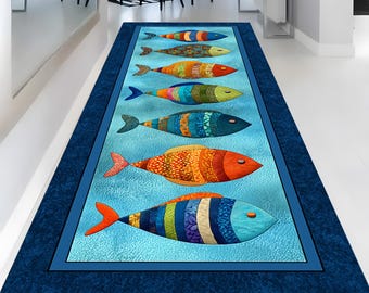 Colorful Fish Runner Rug: Playful Ocean, Striped Tropical Sea , Aquatic Kids Room Coastal  Carpet