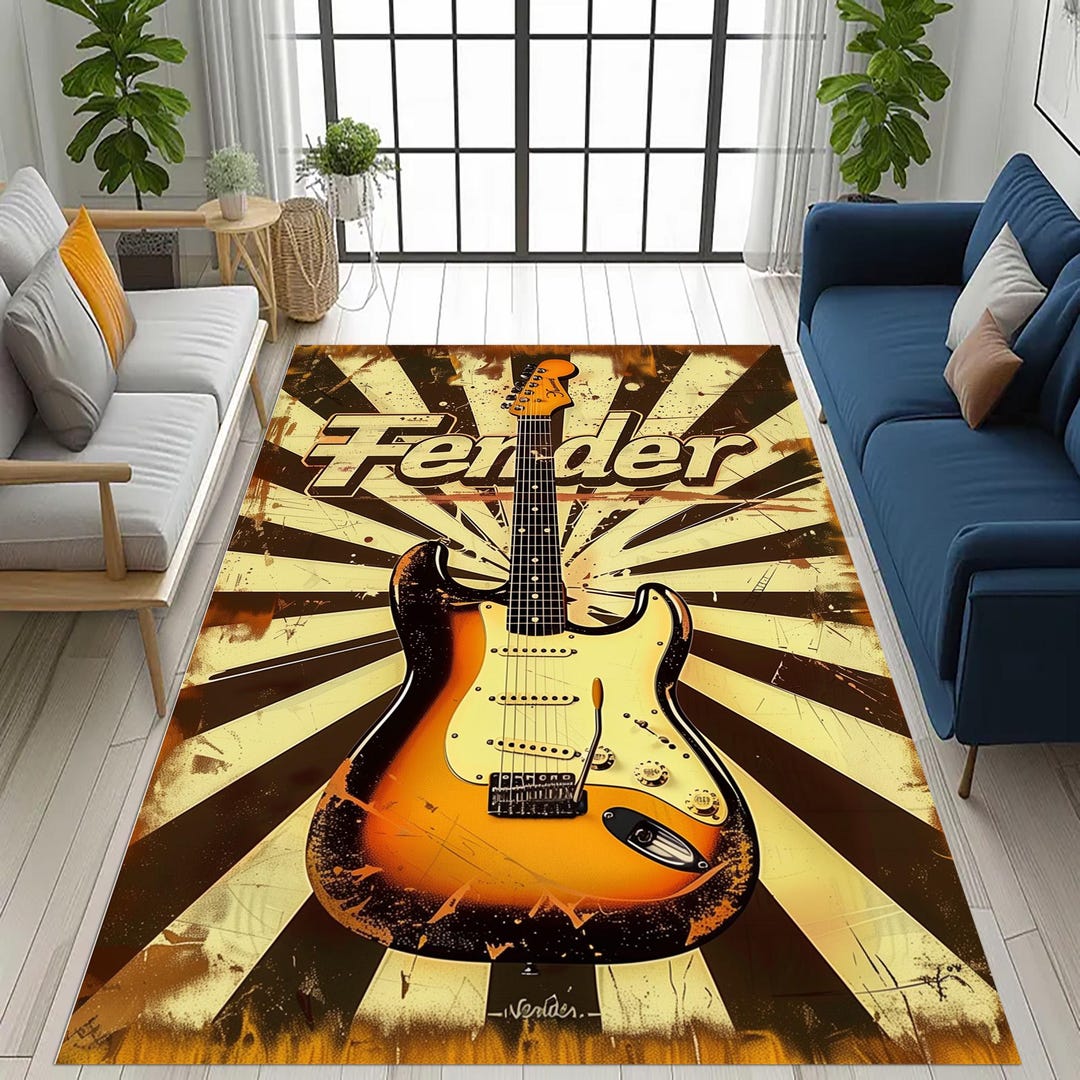 Retro Electric Guitar Rug: Fender Rock Music, Stage Band Concert Studio ...