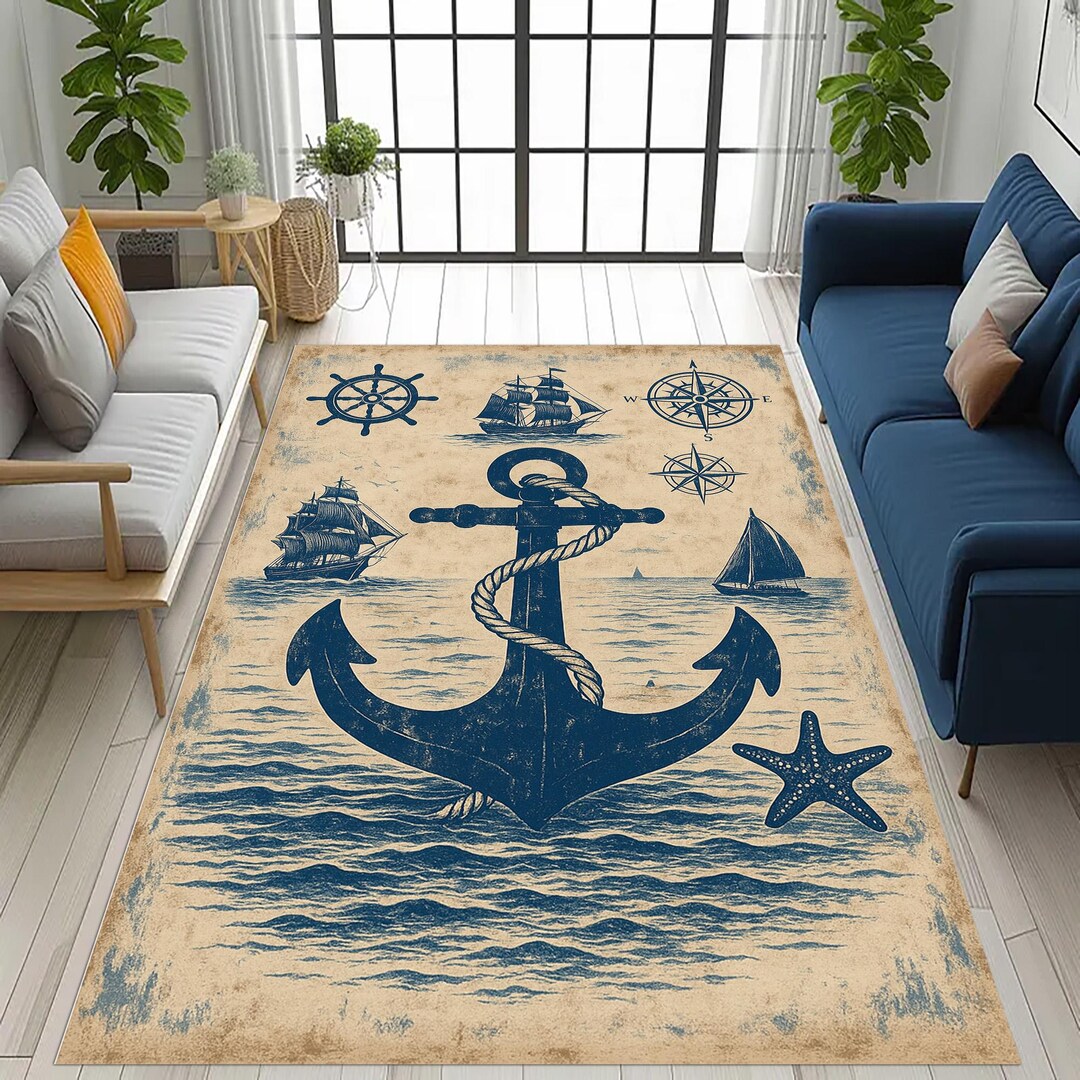 Distressed Nautical Anchor Rug: Coastal Ocean Sailing Ship, Compass ...