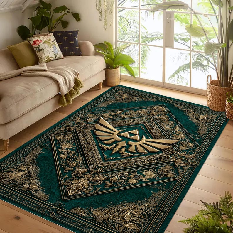 Rectangular Rug Emblem Zelda Triforce Rug: Gold Hylian Crest Carpet, Green Fantasy Emblem ...