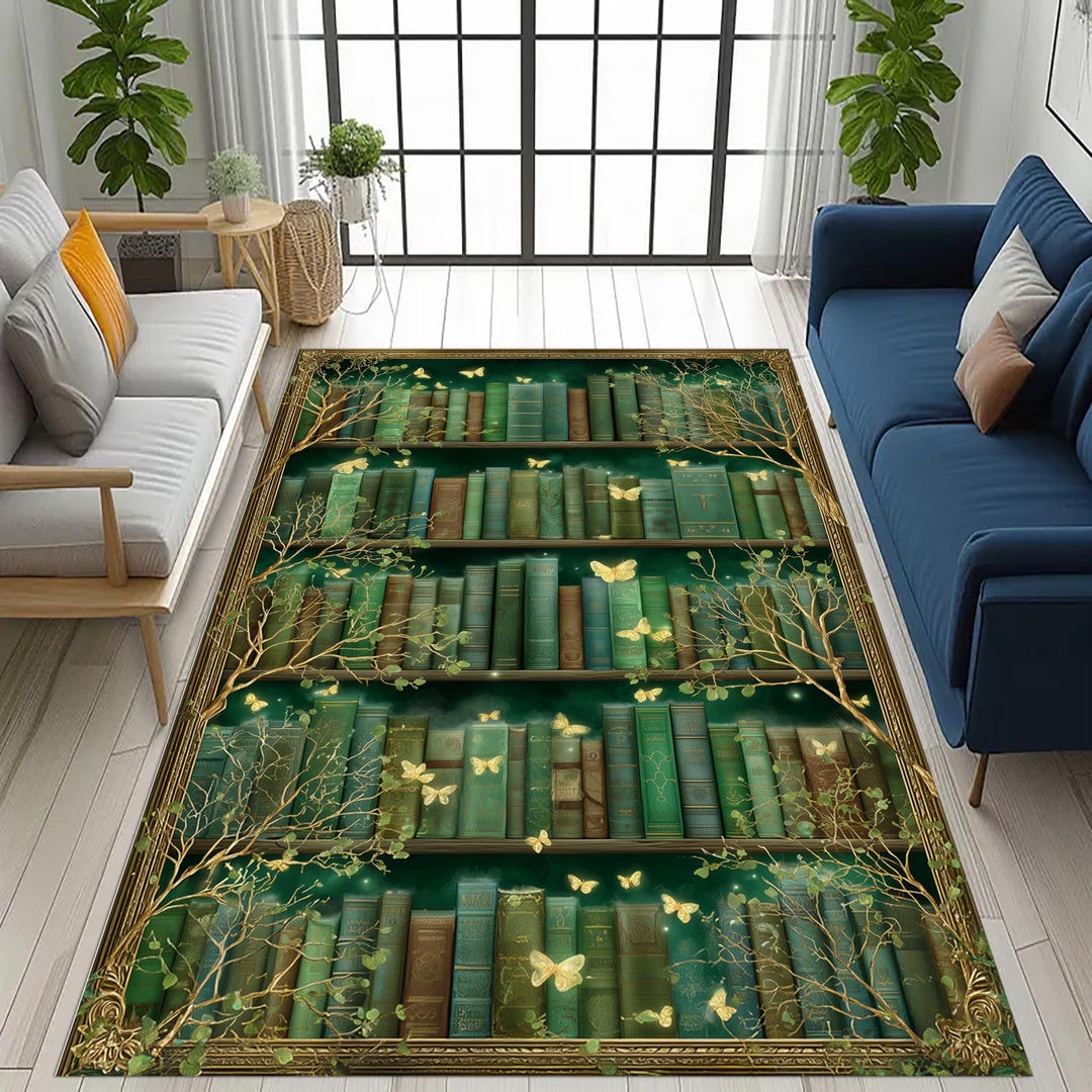 Green Library Bookshelf Rug: Golden Butterfly Design, Enchanted Reading ...