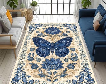 Floral Butterfly Rug: Blue White Insect, Nature Ornamental Fantasy, Botanical Art Decor Carpet