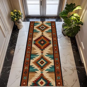 May include: A rectangular runner rug with a Southwestern geometric pattern. The rug features a central design of diamonds and triangles in shades of teal, brown, orange, and beige, bordered by a dark brown edge with small cross and diamond motifs.