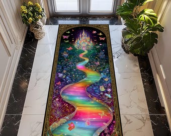 Rainbow Castle Runner Rug: Whimsical Fairy Tale Path Hallway, Magical Fantasy, Dream Castle Carpet