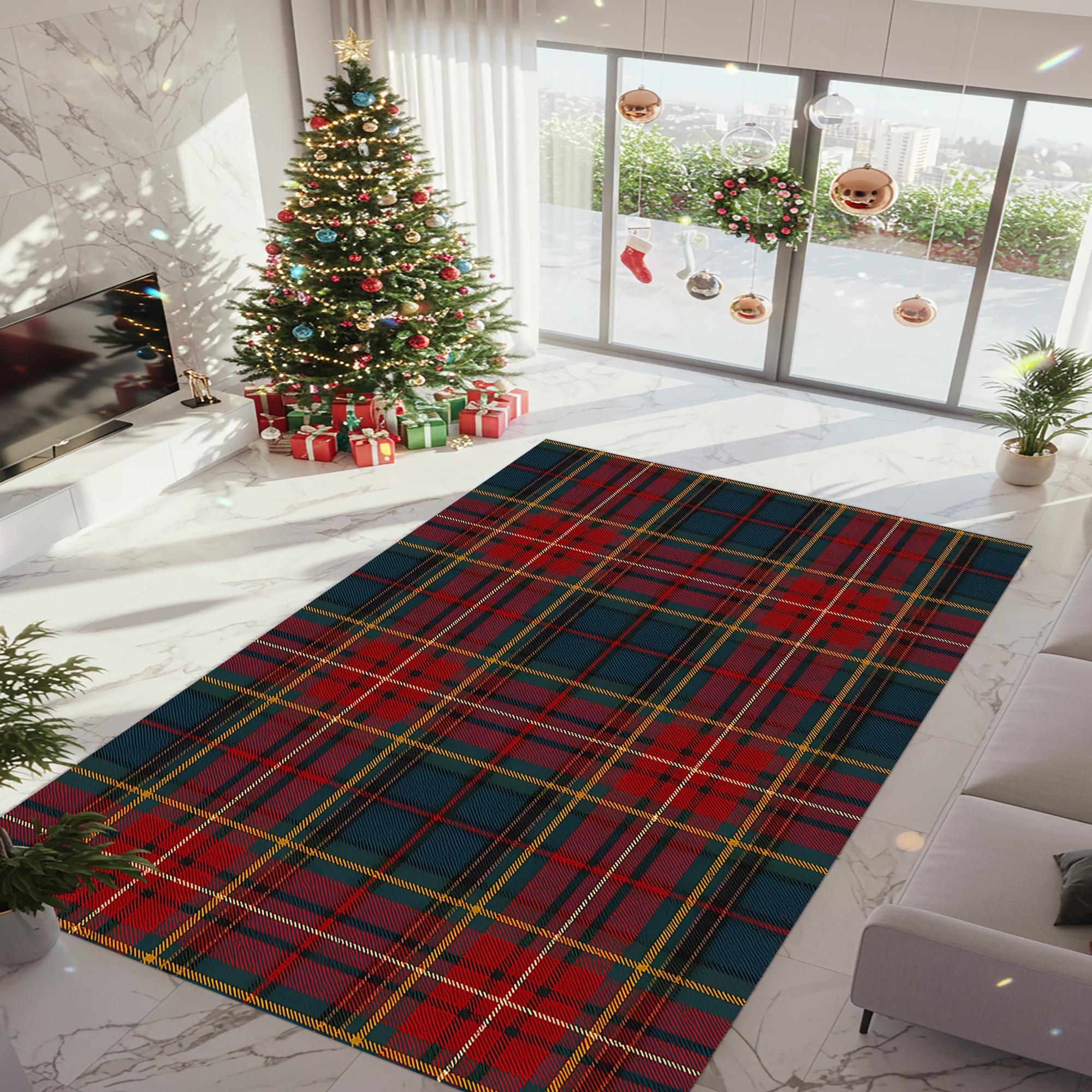 Tartan Rug: Red Green Plaid Pattern Design Carpet, Cozy Holiday