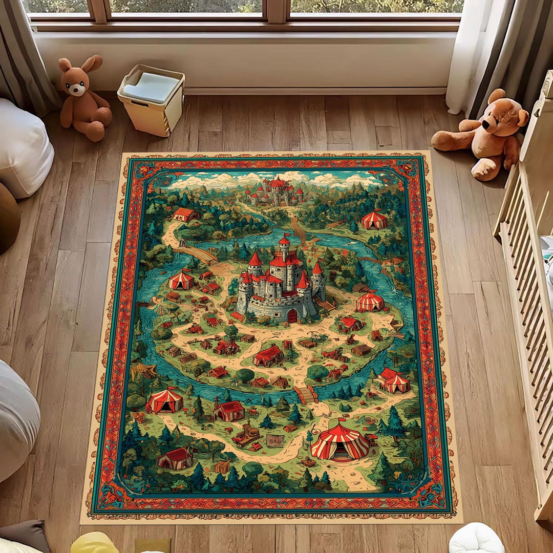 Medieval Castle Rug: Fantasy Storybook Village, Colorful Fairytale Map ...