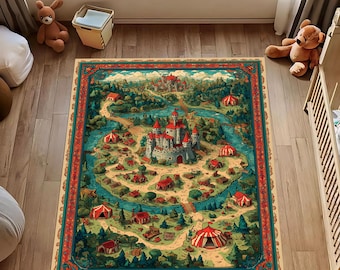 Medieval Castle Rug: Fantasy Storybook Village, Colorful Fairytale Map, Enchanted Medieval Scene Decor Carpet