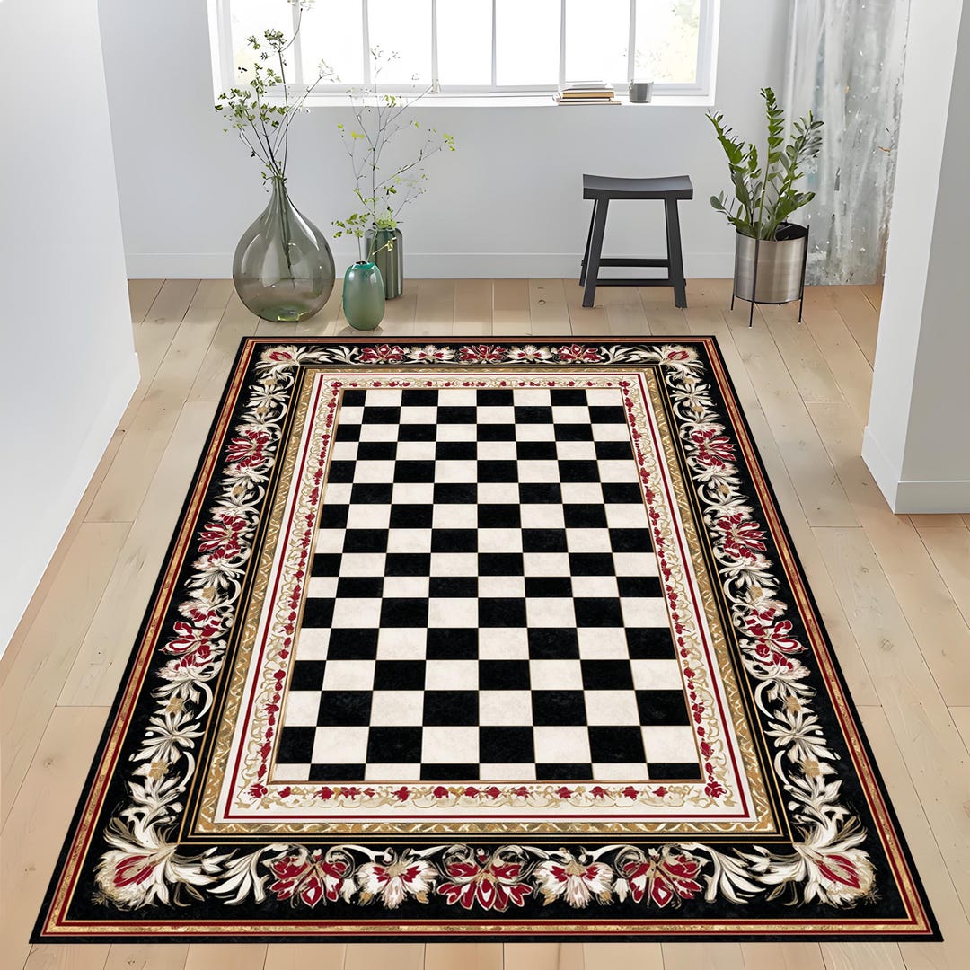 Chess Board Pattern Rug Chessboard Rug: Black Ivory Checker Pattern, Red Gold Floral Border ...