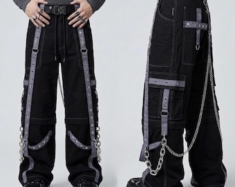 Pantalon cargo cyberpunk Techwear avec chaînes - Streetwear gothique Harajuku Y2K (unisexe)