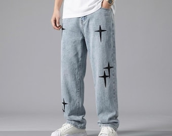 Star Print Baggy Jeans Vintage Wash Y2K Streetwear Denim Hose
