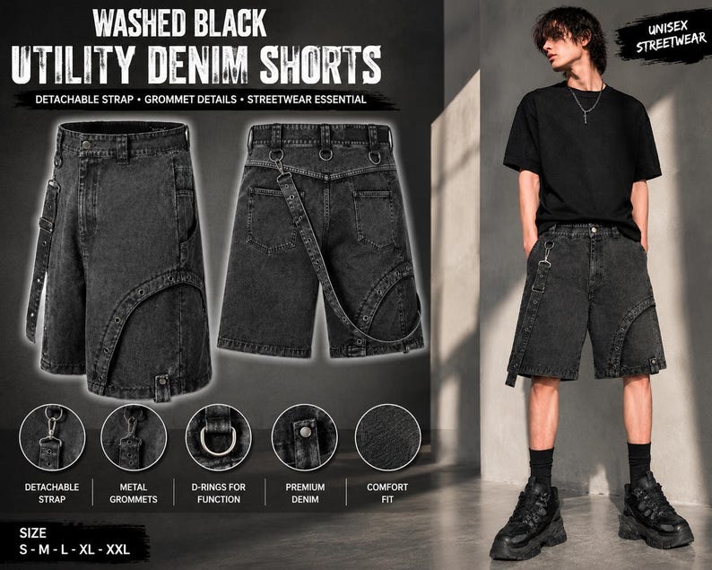 Op de afbeelding: Gewassen zwarte utility denim shorts met afneembare bandjes en metalen grommets. De shorts hebben D-ringen en zijn ontworpen voor een comfortabele pasvorm. De tekst "UNISEX STREETWEAR" en maten zijn ook inbegrepen.