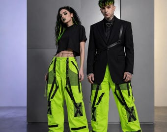 Unisex Neon Green Gothic Techwear Cargo Pants
