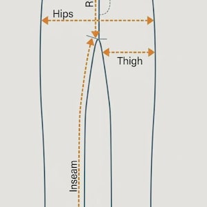 Op de afbeelding: Diagram van een jeans met meetlabels: taille, heupen, kruis, dij, binnenbeenlengte en beenopening. De tekst "crochetcuddlespk" staat bovenaan. De jeans wordt in een platte weergave getoond.