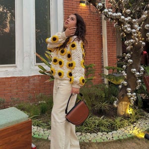 Sunflower Granny Square Crochet Jumper | Handmade And Vintage Inspired Cardigan | 3D Sunflower Crochet Sweater