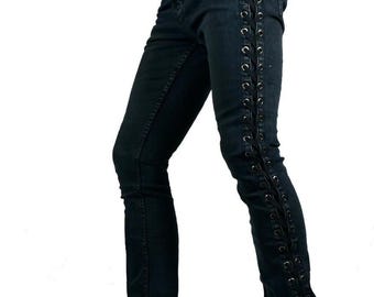 Kill City rocker boot cut gothic punk met veters, stage jeansbroek, biker