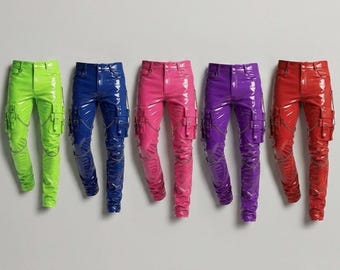 Pantaloni cargo unisex in PVC vinilico con catene, pantaloni cyberpunk effetto bagnato, pantaloni gotici per rave festival, abbigliamento da discoteca lucido