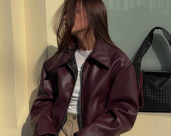 Burgundy Faux Leather Zip-Up Jacket - Oversized Woman's Wine PUV Bomber Jacket