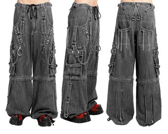 Grijze denim tripp-broek, uniseks, gothic, punkstijl kettingen en manchetten