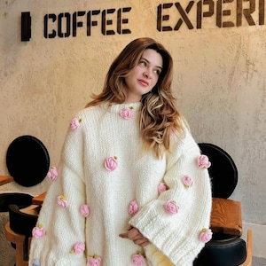 Handmade Chunky White Cardigan With Pink Roses-Floral Crochet Sweater-Special Gift For Her-Vintage Style Cardigan-Perfect For Every Occasion
