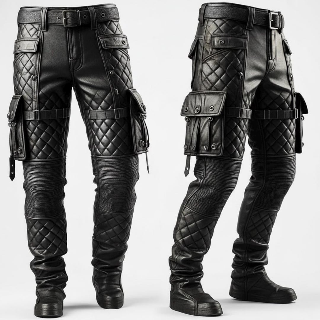 Men’s Gothic Quilted Leather Biker Pants, Black Punk Cowhide Cargo ...