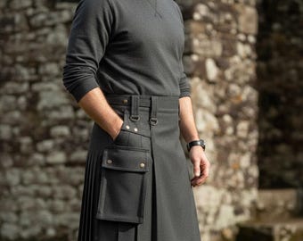 Scottish Utility Kilt for Men – Handmade 16oz Wool Tweed Highland Cargo Kilt