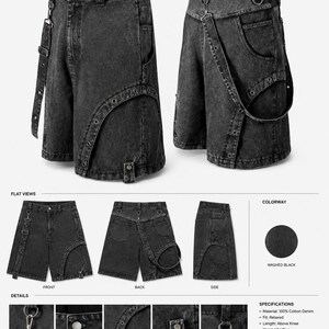 Op de afbeelding: Gewassen zwarte denim utility shorts met een relaxte pasvorm, boven-de-knie lengte en een middelhoge taille. Voorzien van een afneembare band, grommet accenten en meerdere D-ringen. De shorts hebben een knoopsluiting en zijn gemaakt van 100% katoenen denim.