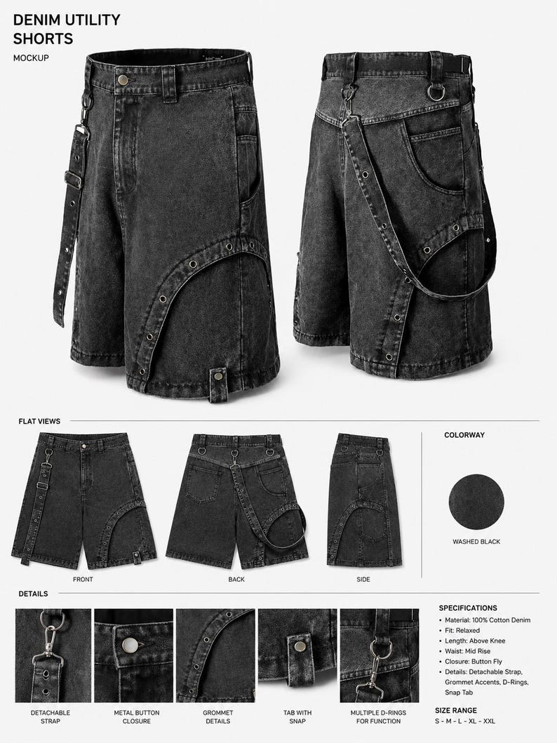 Op de afbeelding: Gewassen zwarte denim utility shorts met een relaxte pasvorm, boven-de-knie lengte en een middelhoge taille. Voorzien van een afneembare band, grommet accenten en meerdere D-ringen. De shorts hebben een knoopsluiting en zijn gemaakt van 100% katoenen denim.