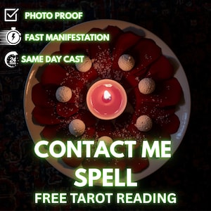 Puede incluir: Un plato blanco con una disposición circular de pétalos de rosas rojas, pequeñas esferas blancas y una vela rosa encendida. El texto incluye "PHOTO PROOF", "FAST MANIFESTATION", "SAME DAY CAST", "CONTACT ME", "SPELL" y "FREE TAROT READING".