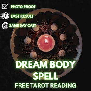 May include: A circular arrangement featuring a lit pink candle at the center, surrounded by dark petals and white spheres. The image includes text that reads "DREAM BODY SPELL" and "FREE TAROT READING". Additional text states "PHOTO PROOF", "FAST RESULT", and "SAME DAY CAST".