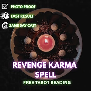 May include: A plate with dark brown food arranged around a lit pink candle. White spherical objects and sprinkles are scattered on the plate. Text on the image reads "REVENGE KARMA SPELL" and "FREE TAROT READING".