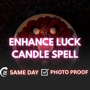 May include: A candle spell arrangement with the text "ENHANCE LUCK CANDLE SPELL". The image features a white plate with red petals, two white spheres, and a pink candle. The text "SAME DAY" and "PHOTO PROOF" are also visible.